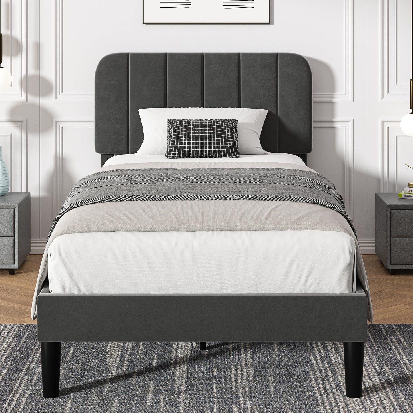 Twin Size Upholstered Bed Frame with Adjustable Headboard twin Dark Grey