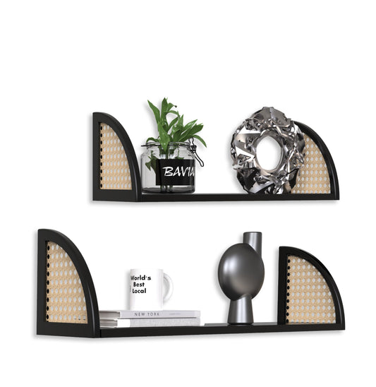 25" x 8" Set of Two Floating Wall Shelves, Black and Rattan