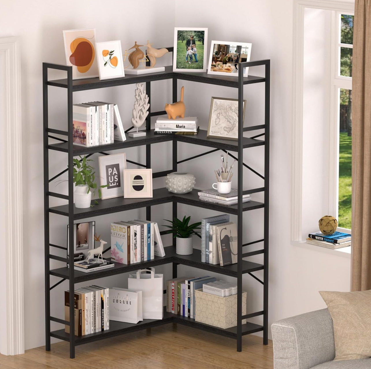 L Shape Corner Bookshelf, Black 33"D x 9.8"W x 68.2"H