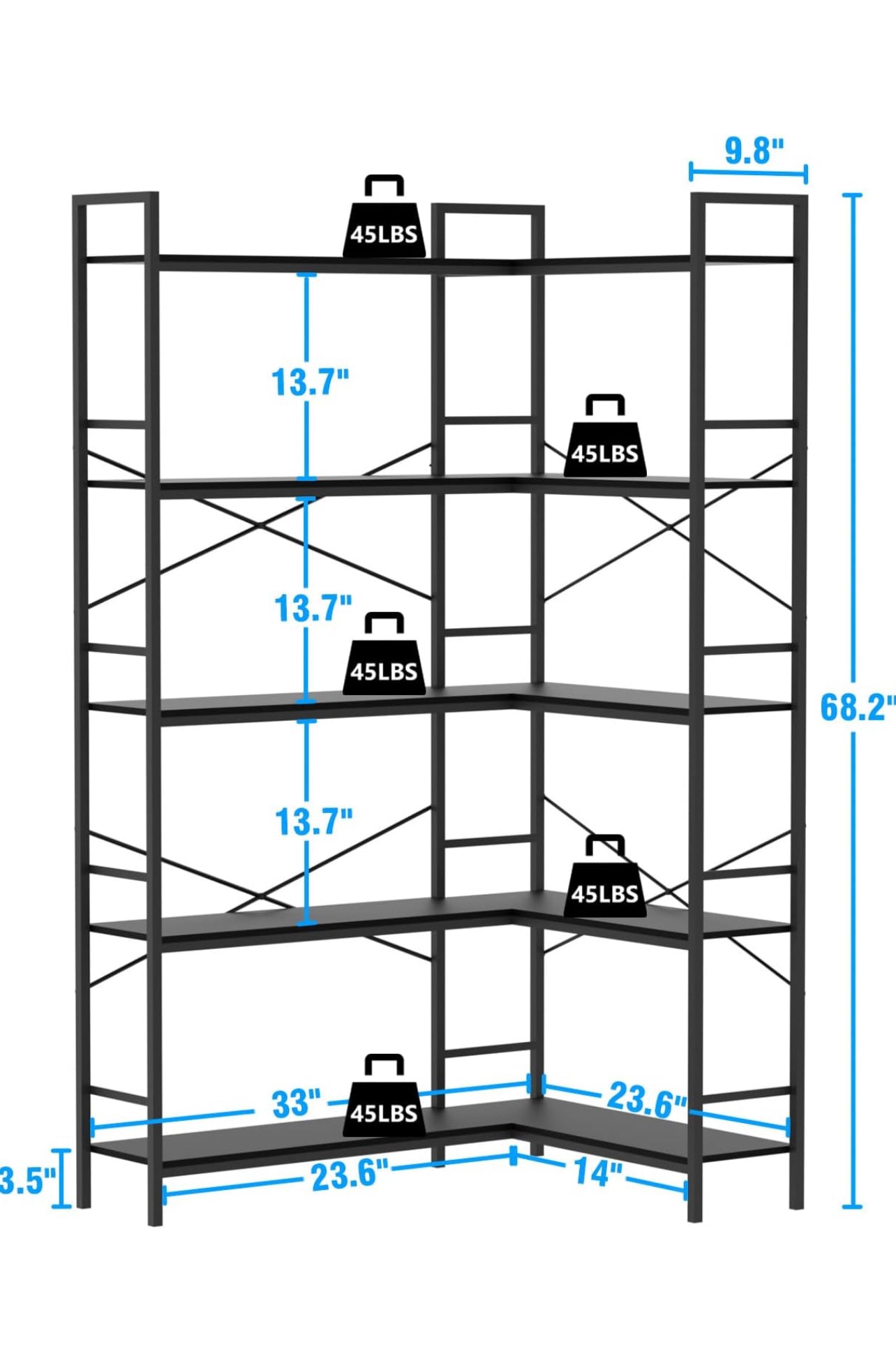 L Shape Corner Bookshelf, Black 33"D x 9.8"W x 68.2"H