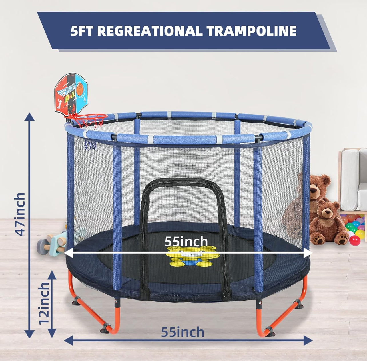 Trampoline for Kids 60'' Toddler Trampoline, 5FT Outdoor Indoor Recreational Trampolines with Enclosure Net, Swing, Adjustable Gymnastics Bars, Basketball Hoop, Dartboard, Gifts for Boys & Girls