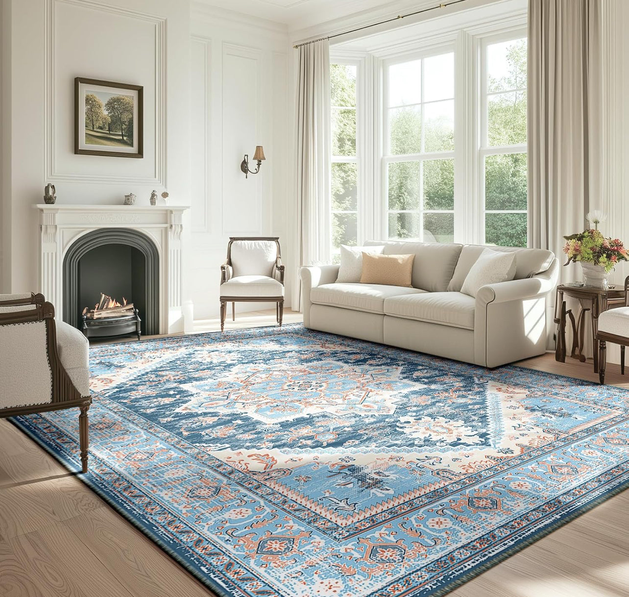 9 x 12 Bestsweetie Vintage Ultrasoft Non Slip Area Rug, Navy/Light Blue/Natural