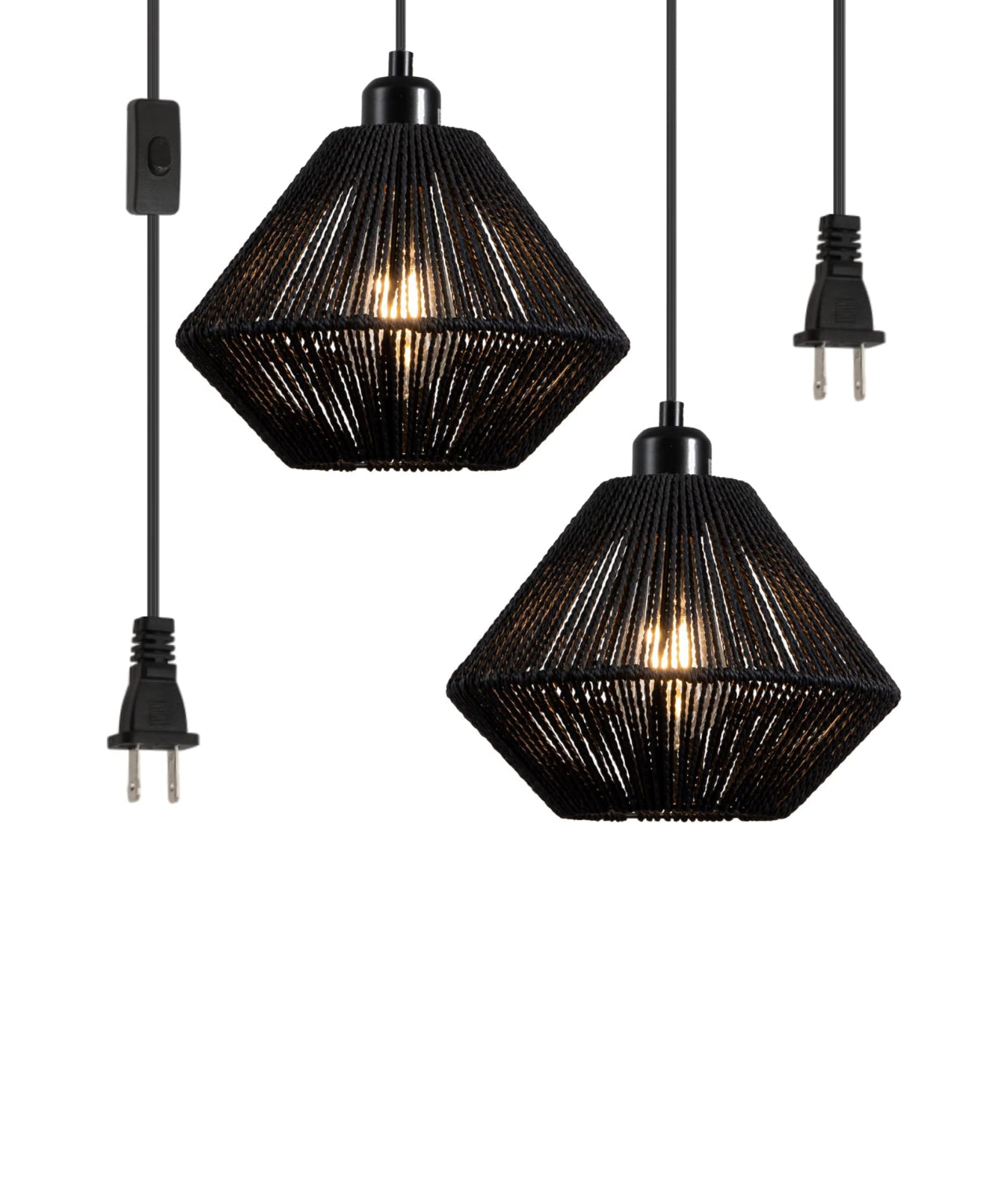 2 Pack Woven Plug in Pendant Light Fixture Plug-in Pendant Light, Black Hanging Lights Fixture With 15ft Cord On/Off Switch, Black Handwoven Rattan Basket Shade Boho Lamp for Bathroom Kitchen Island Dining Room Bar Bedroom Foyer Hallway Cafe, 2 Pack