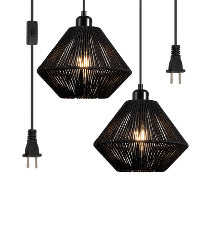 2 Pack Woven Plug in Pendant Light Fixture Plug-in Pendant Light, Black Hanging Lights Fixture With 15ft Cord On/Off Switch, Black Handwoven Rattan Basket Shade Boho Lamp for Bathroom Kitchen Island Dining Room Bar Bedroom Foyer Hallway Cafe, 2 Pack