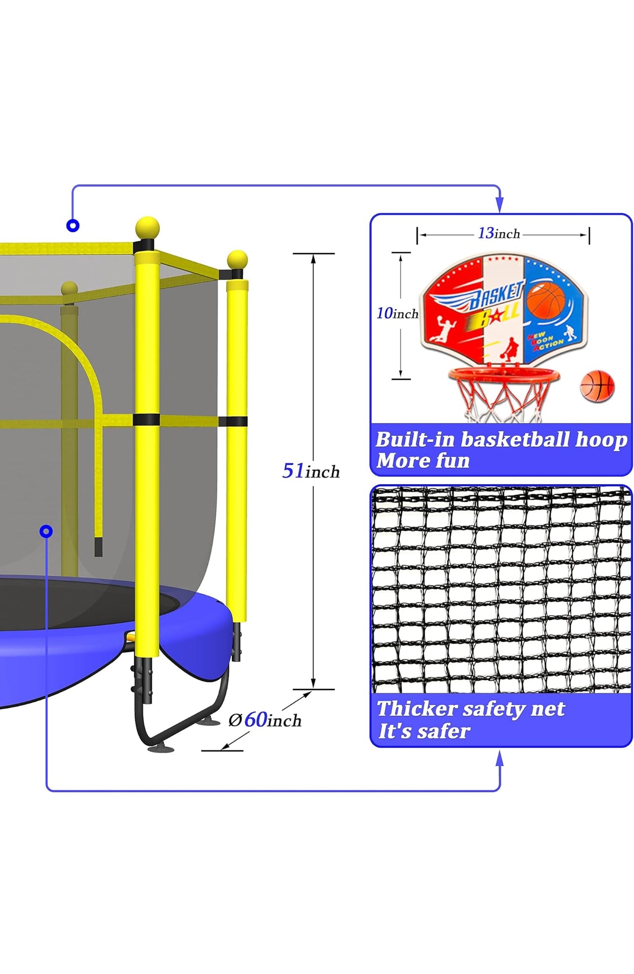 VGMiu Kids Trampoline 60"L x 60"W x 50.1"H