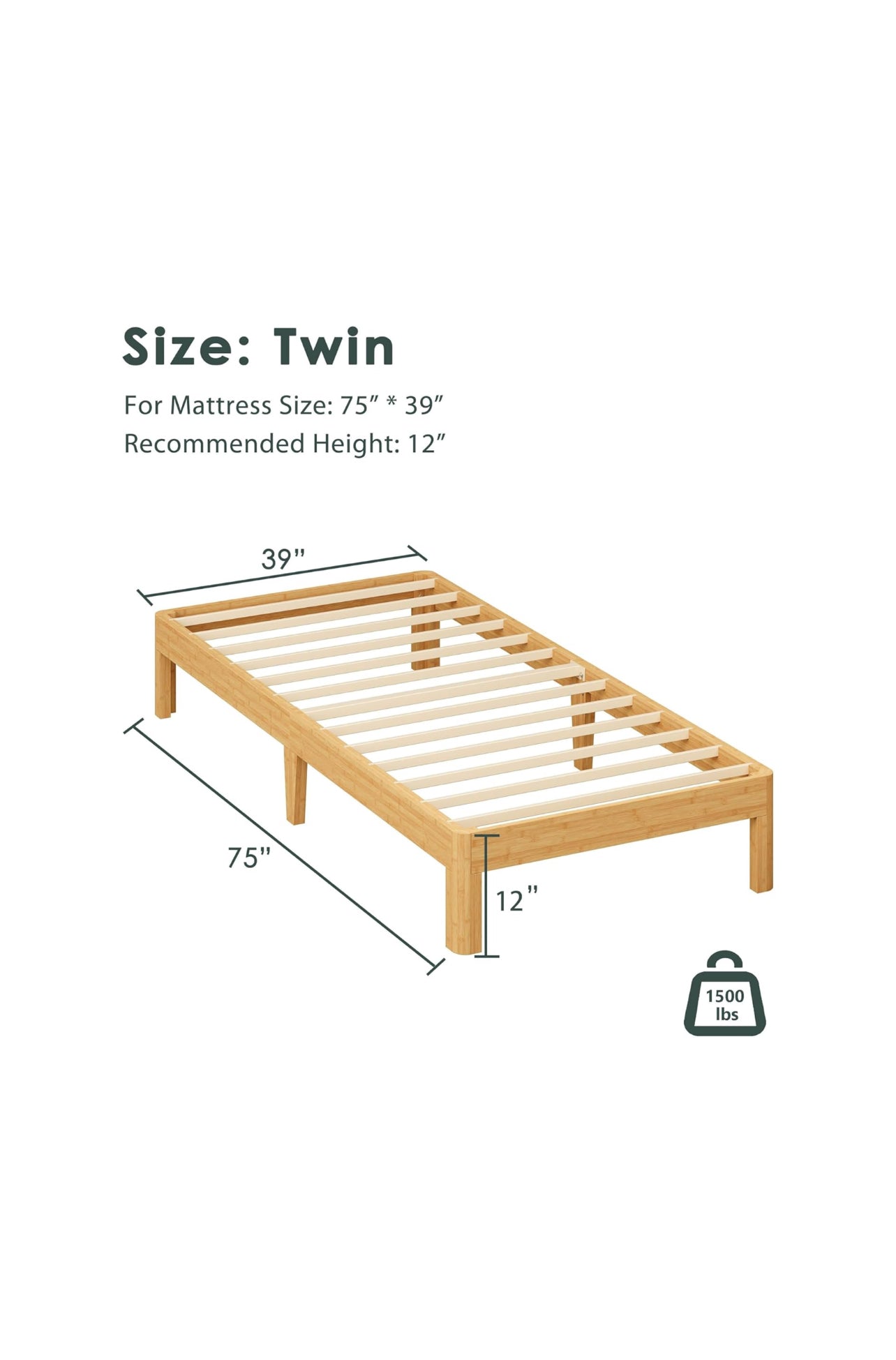 Twin Platform Bed Natural Bamboo Frame 12” Tall Brand: ZIYOO