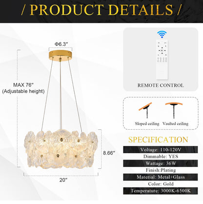 Chandelier D 20" Modern Gold Lotus Leaf Dimmable Ceiling Chandeliers with Remote Control Brand: Poemoon Elegant Glass LED