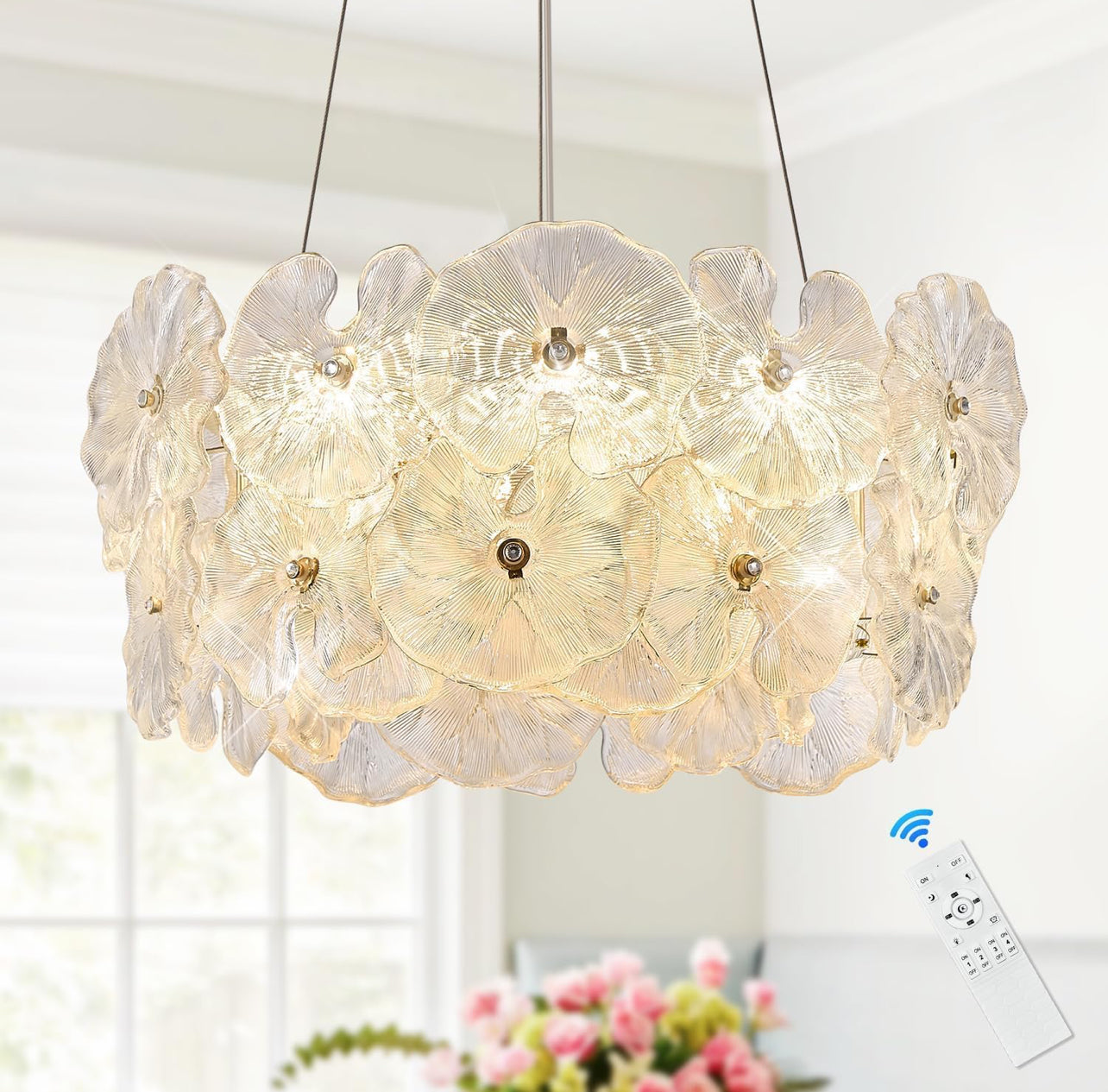 Chandelier D 20" Modern Gold Lotus Leaf Dimmable Ceiling Chandeliers with Remote Control Brand: Poemoon Elegant Glass LED