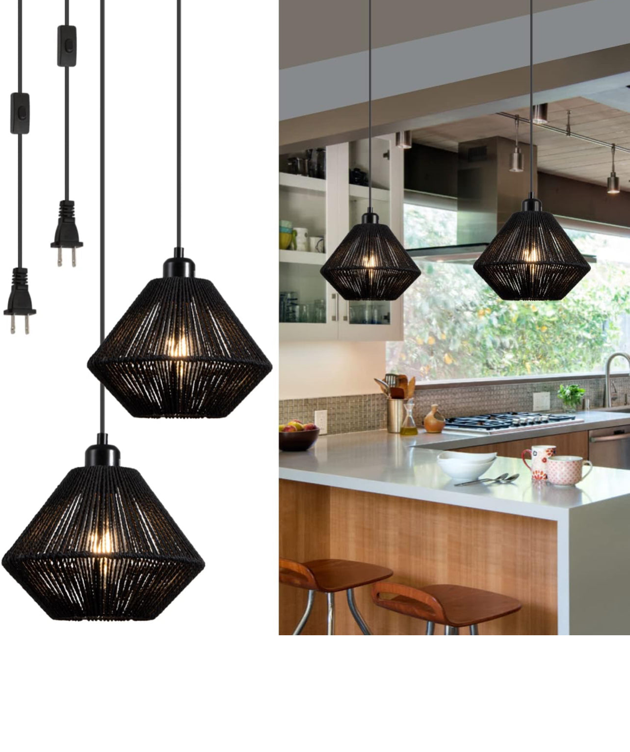 2 Pack Woven Plug in Pendant Light Fixture Plug-in Pendant Light, Black Hanging Lights Fixture With 15ft Cord On/Off Switch, Black Handwoven Rattan Basket Shade Boho Lamp for Bathroom Kitchen Island Dining Room Bar Bedroom Foyer Hallway Cafe, 2 Pack