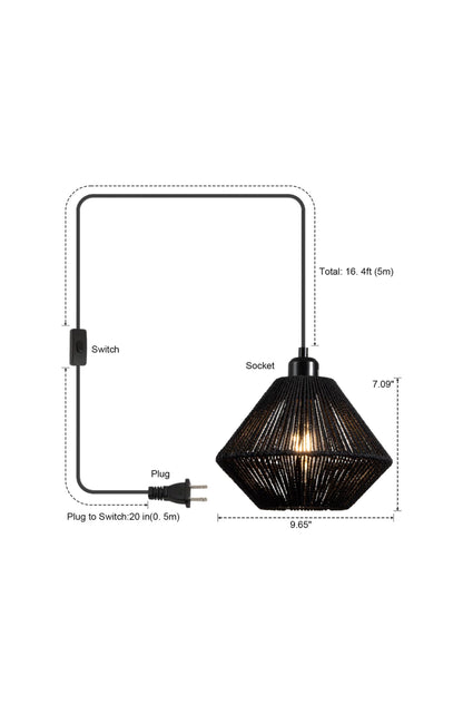 2 Pack Woven Plug in Pendant Light Fixture Plug-in Pendant Light, Black Hanging Lights Fixture With 15ft Cord On/Off Switch, Black Handwoven Rattan Basket Shade Boho Lamp for Bathroom Kitchen Island Dining Room Bar Bedroom Foyer Hallway Cafe, 2 Pack